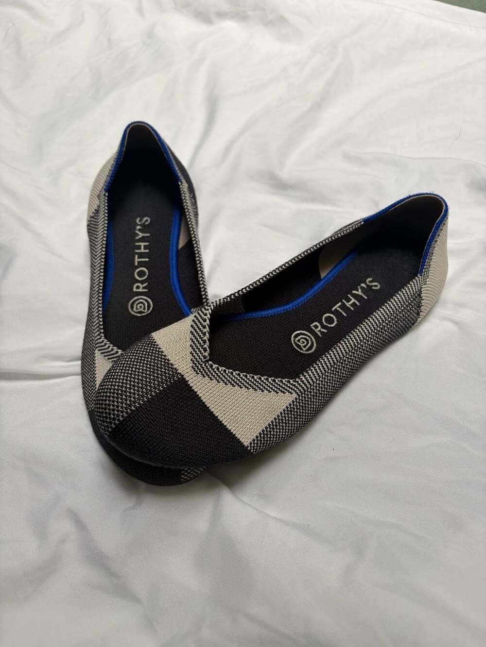 Rothy's The Flat Round Cap Toe Shoes in Black and White Buffalo Plaid size 8